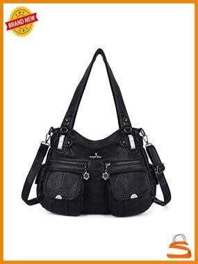 Washed PU Leather Satchel Handbag Double Zipper Multi Pocket Shoulder Bag